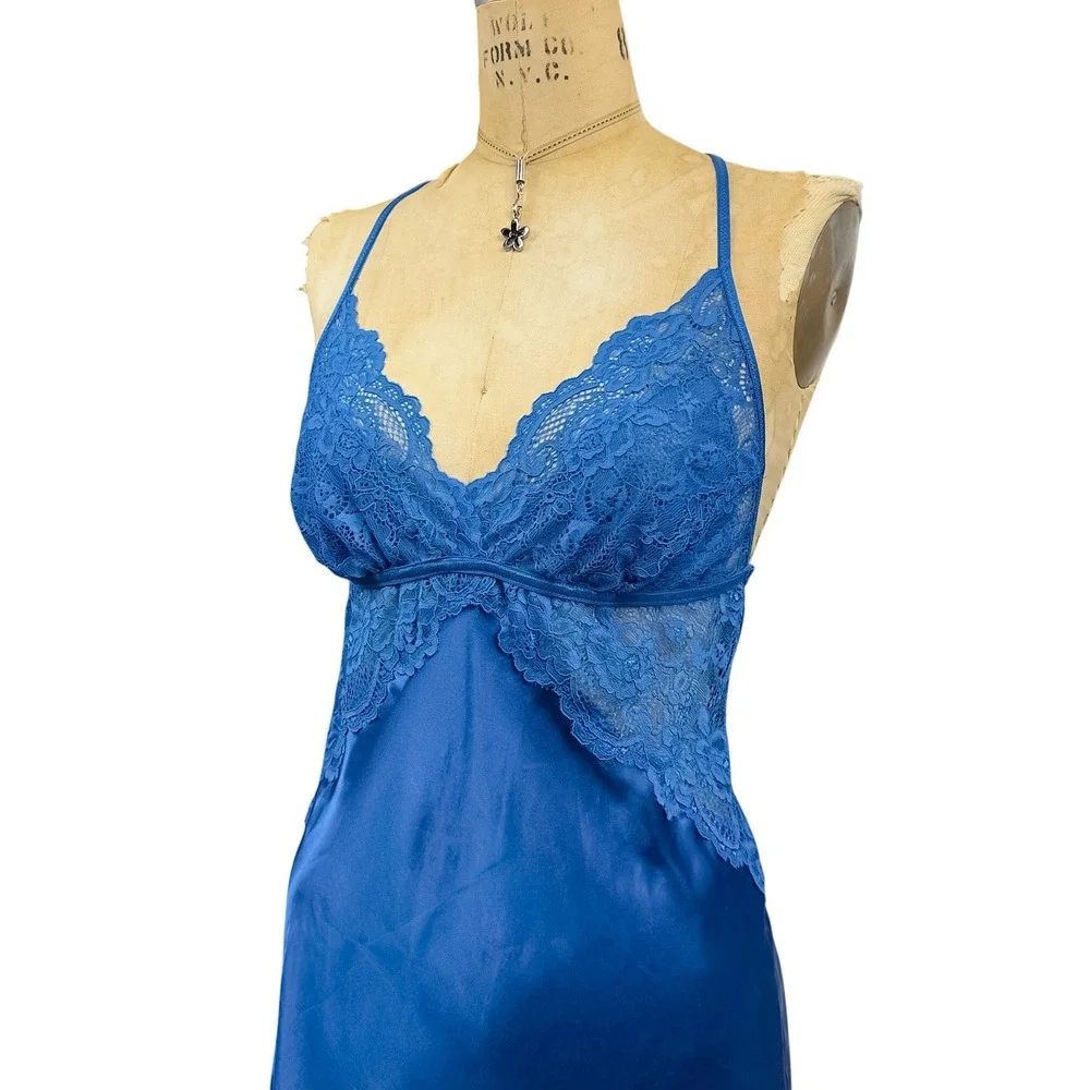 Coquette Blue Lace Chemise Nightie Strappy Back Satin Romantic Dainty One Size